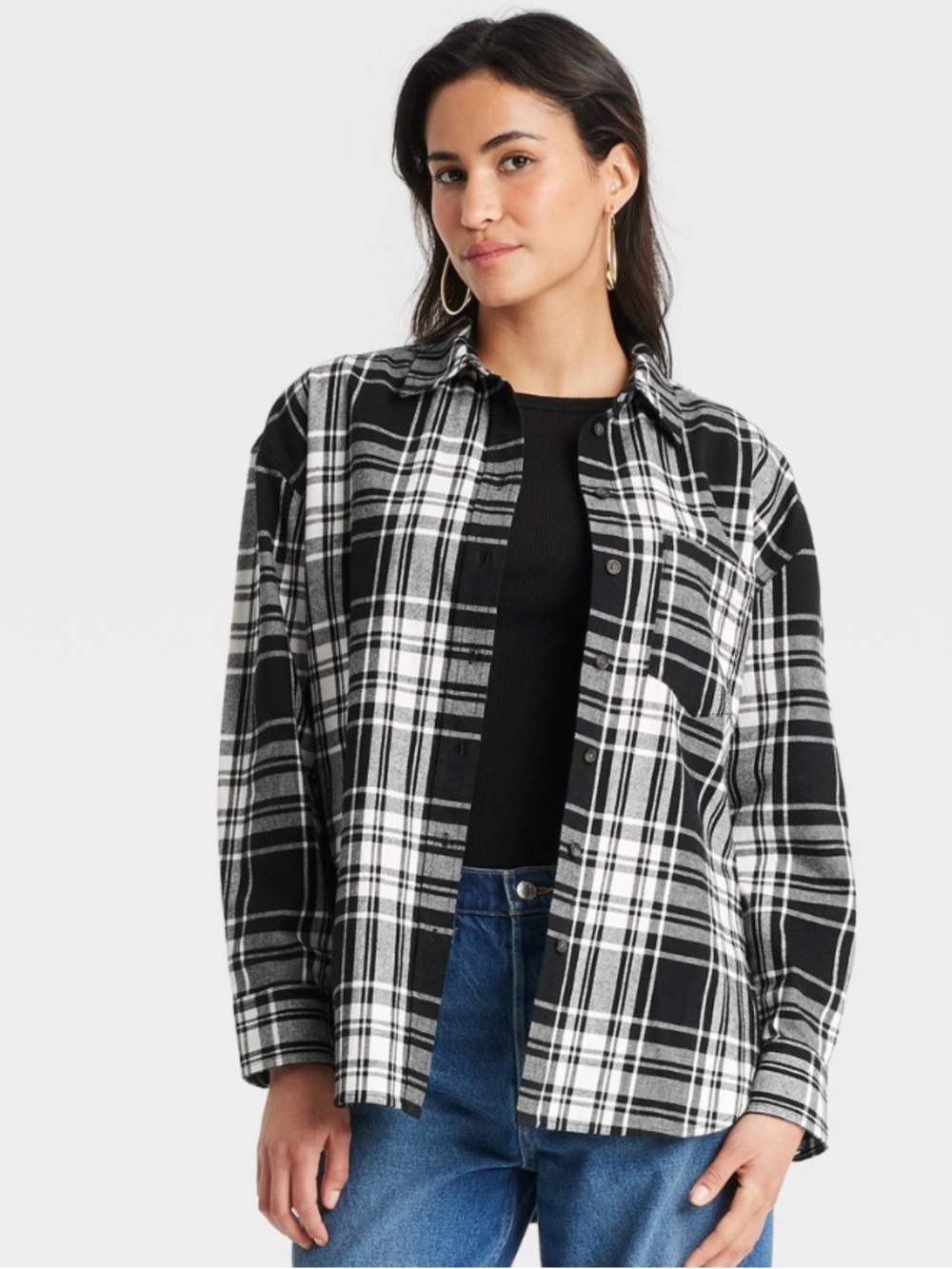 NWT‎ S Black Plaid Oversized Fit Collared  Flannel Long Sleeve Button Down Shirt